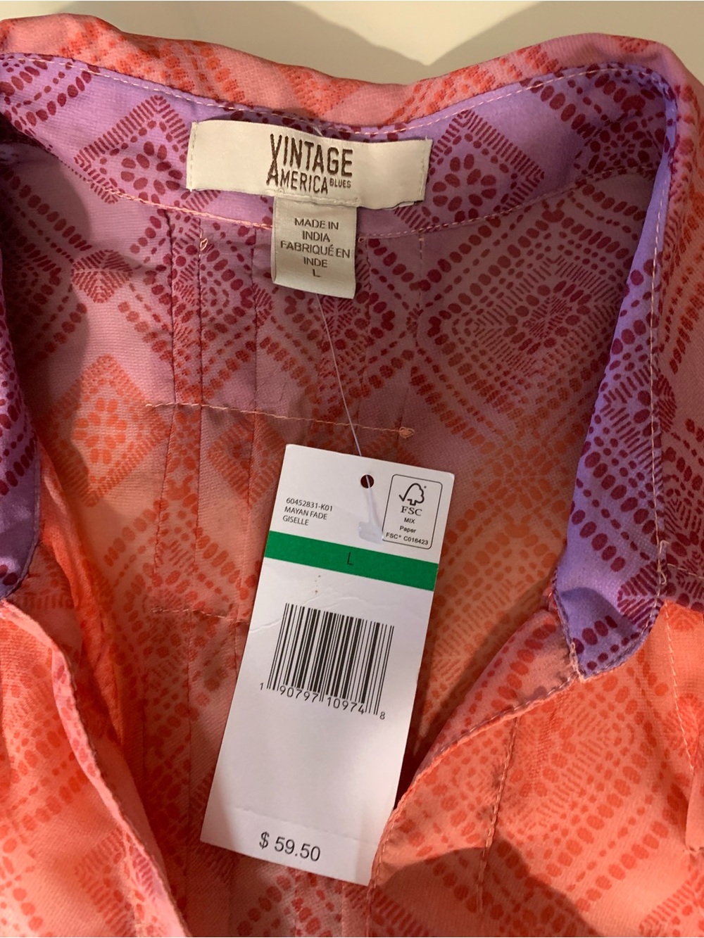 Vintage America Coral and Lavender Printed Button-Down Top